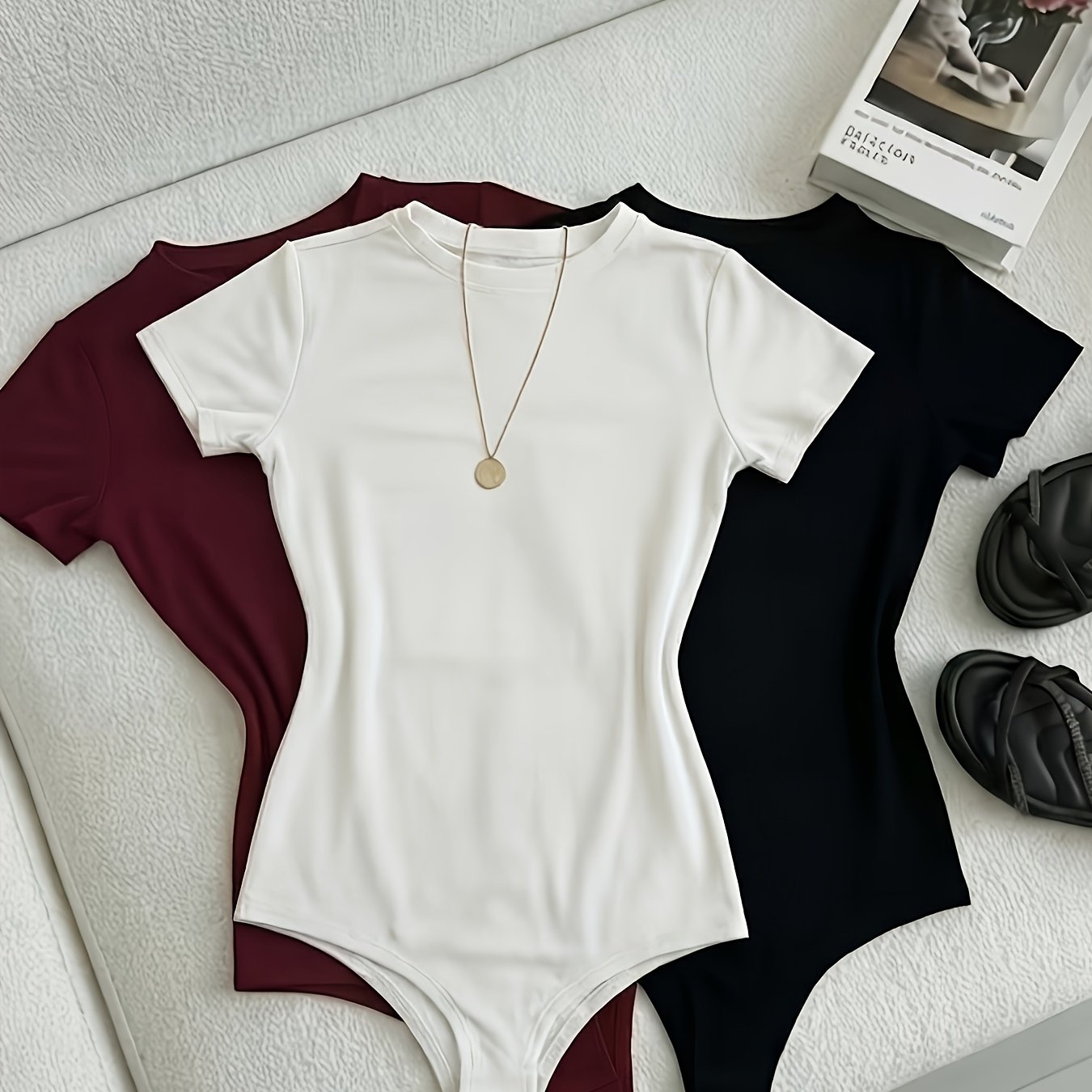 TEMU 3pcs Set Women' Color Stretchy Slim-fit Seamless High-slit Bodysuit With Round Neck And Short Sleeves