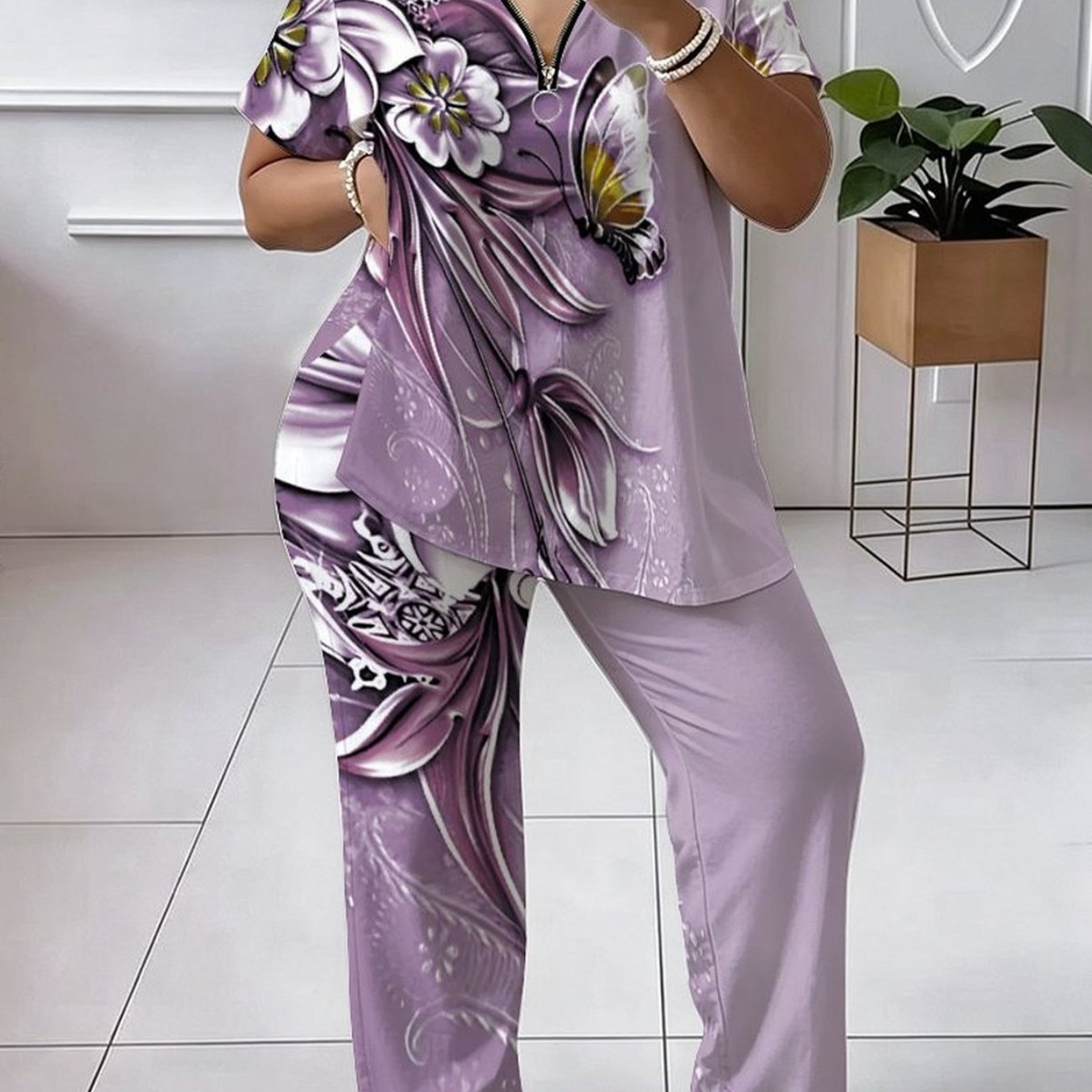 Plus Size - Women's Suit, Plus-size Women's Suit, Full-body Floral And Tree Pattern, Casual Party, Comfortable Material, Stylish And Unique Short-sleeve Top, Comfortable And Breathable Pants Set