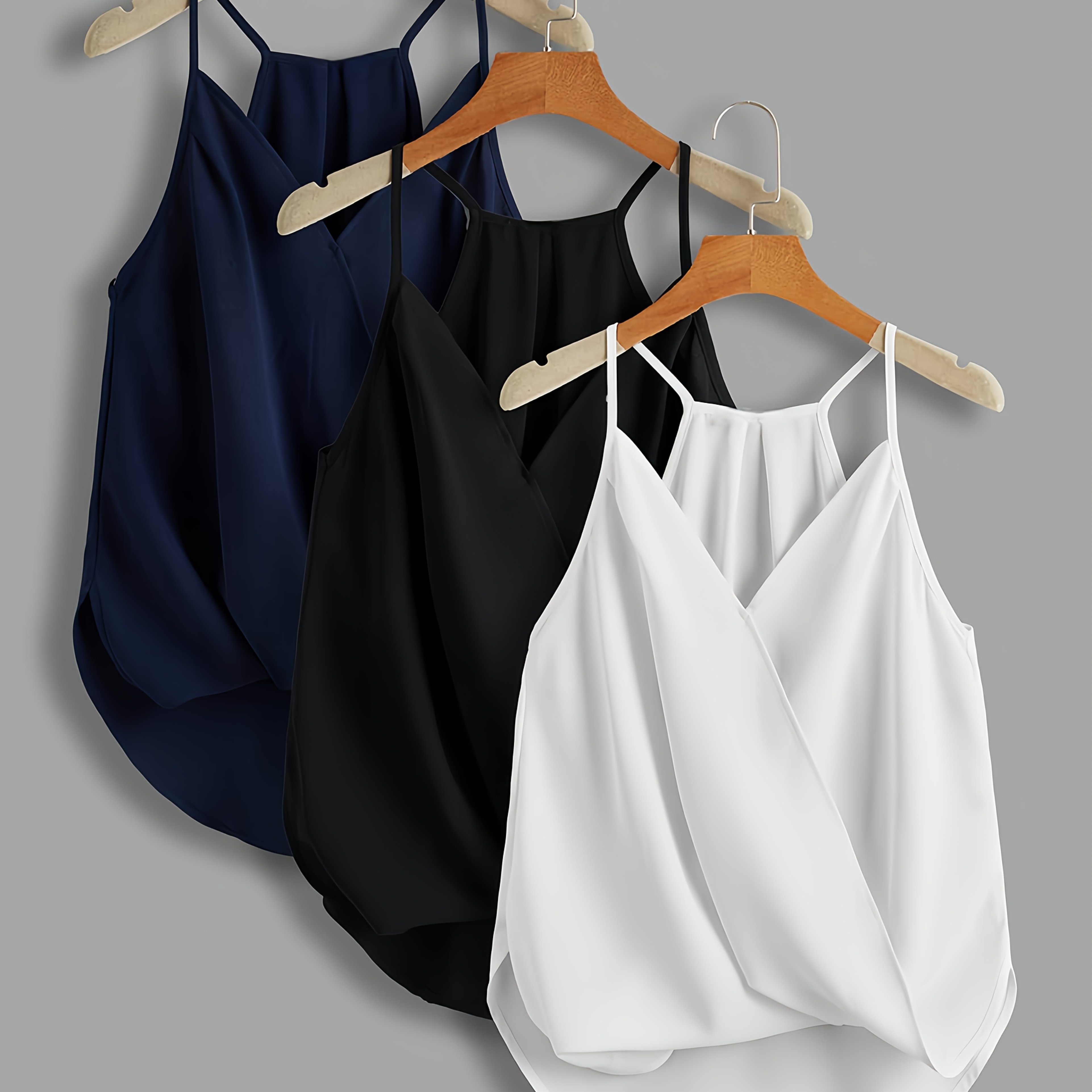 Image of Solid Italian Spaghetti Strap Top 3pcs, Casual Sleeveless Surplice Neck High-low Cami Tank Top For Summer, Women's Clothing