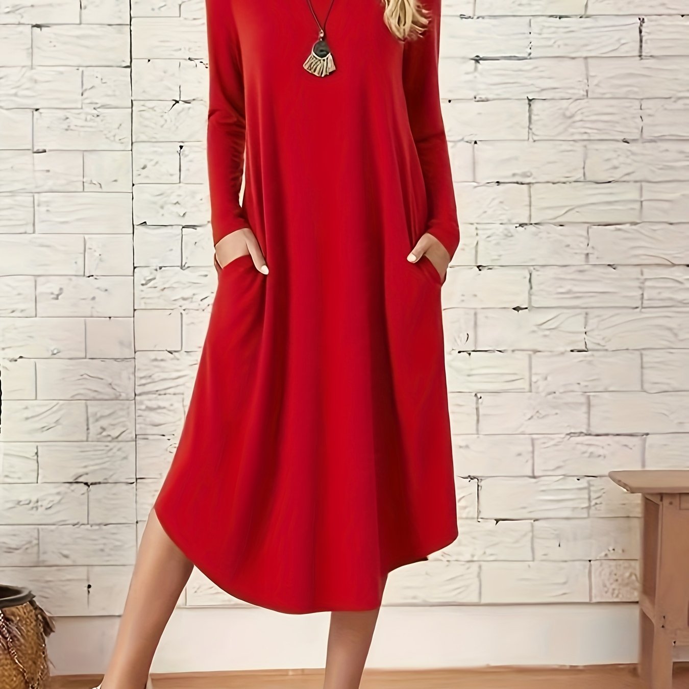 TEMU Autumn-winter Women' Color Long Sleeve Dress, Everyday Dress, Winter Dress, Simple Dress, Elegant Design, Machine Washable, , Basic Dress,
