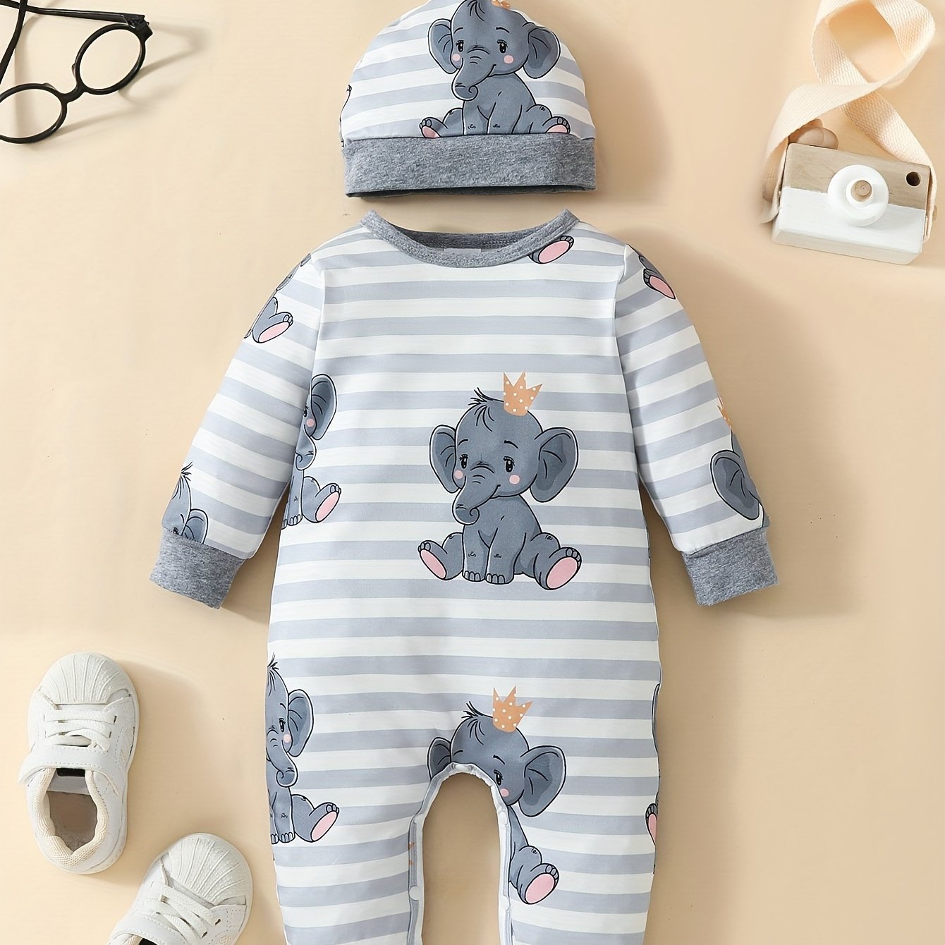 Full Print Cute Elephant Romper And Hat 2pcs Set, For Outdoor