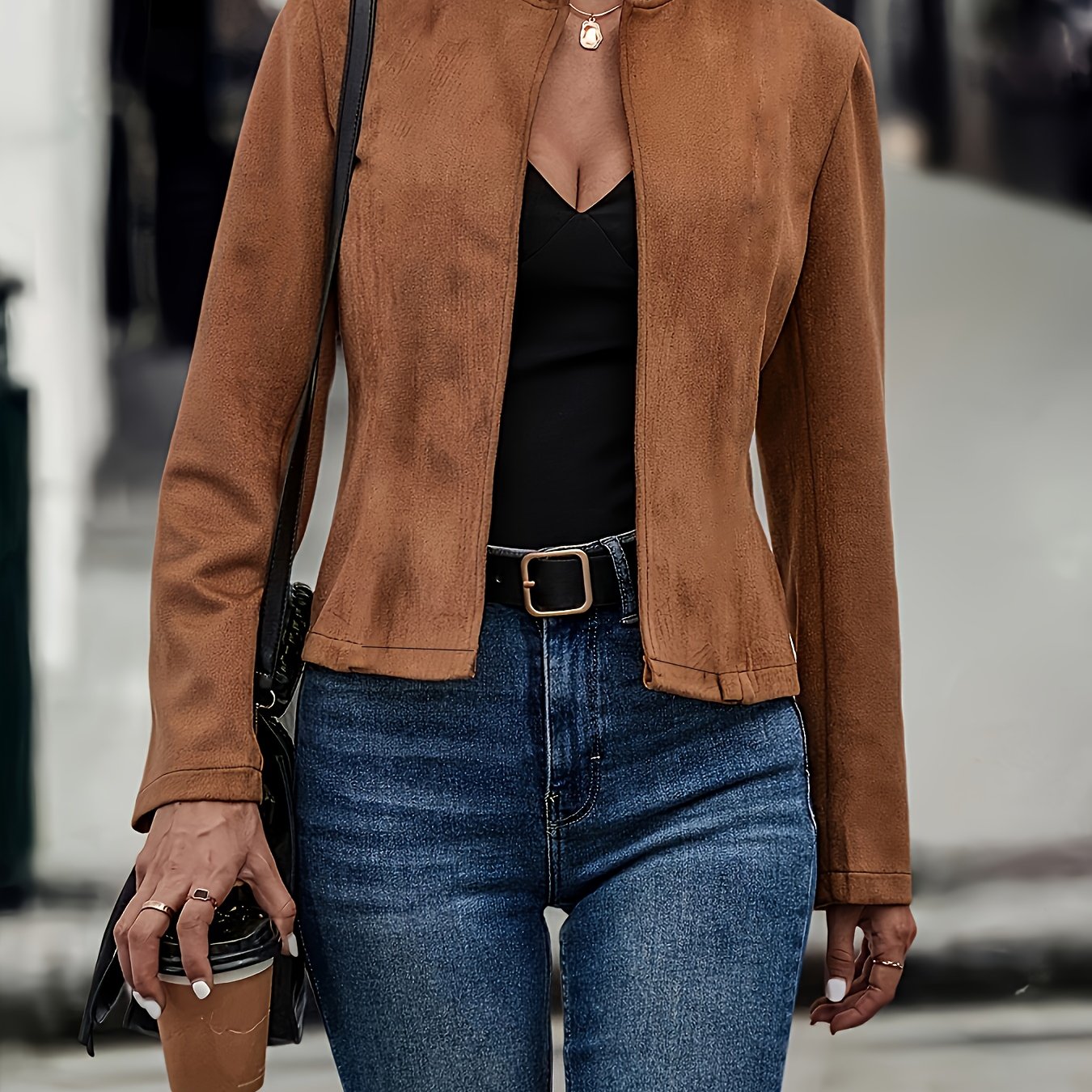 TEMU Einfarbiger Doppelreihiger Dekorativer Blazers, Vintage Langarmmantel für Damen im Frühling/Herbst