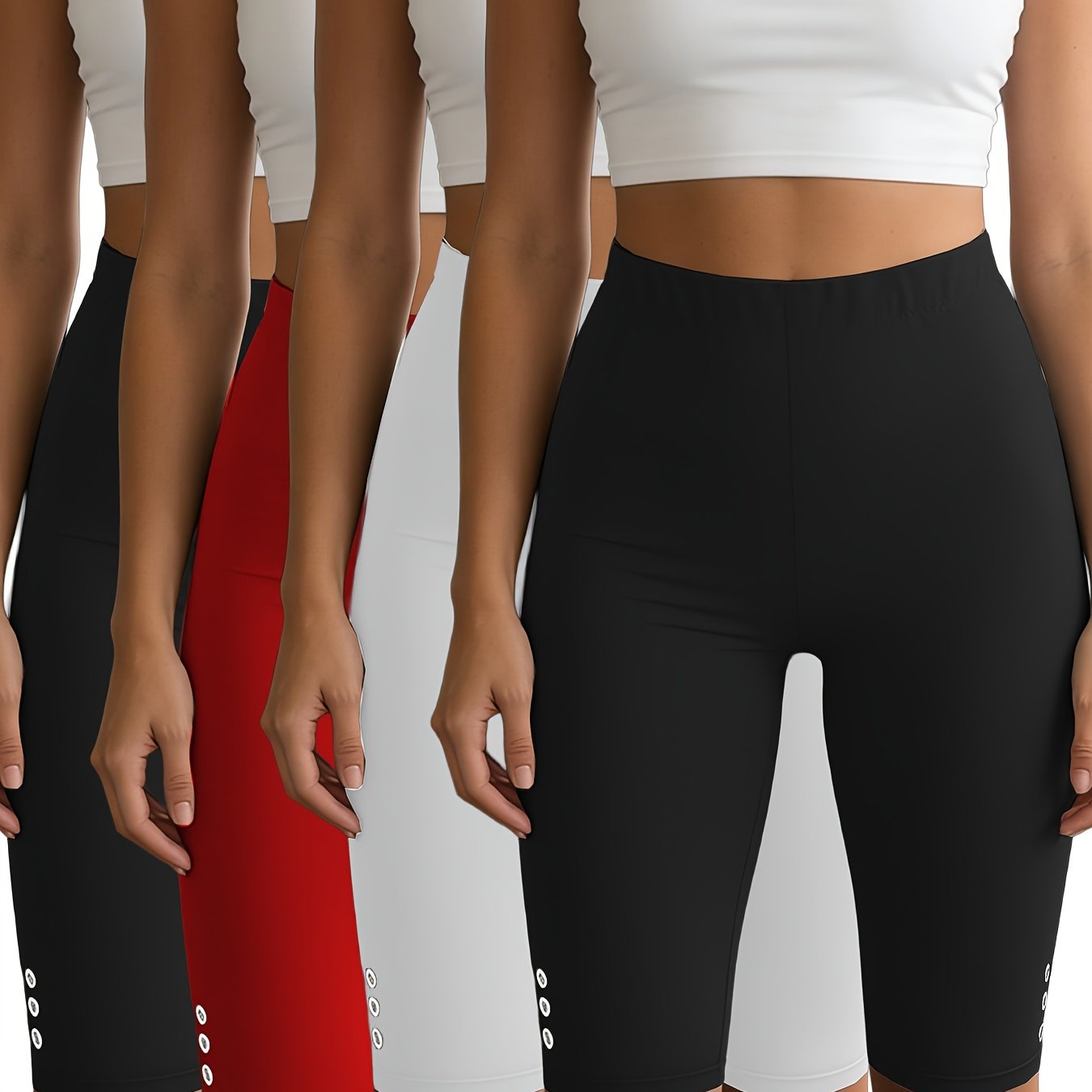 TEMU 4pcs Women's Casual Solid Color Leggings, High-waist Capri Capris Tights, High-stretch Running Joggers With Button Decoration, Suitable For