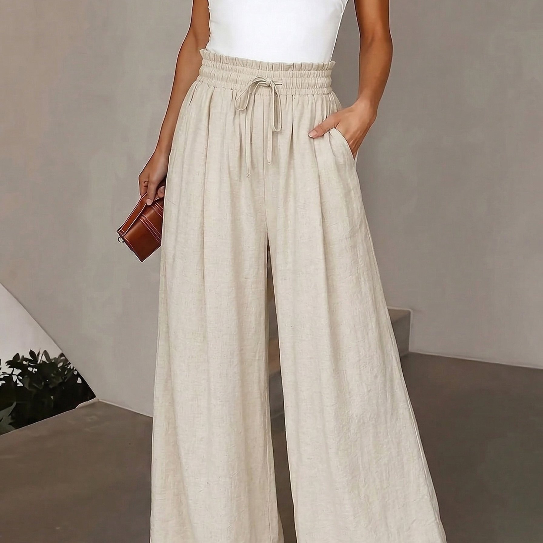 TEMU Pantalon large taille haute pour femmes, noué à l', décontracté, élégant, style vacances