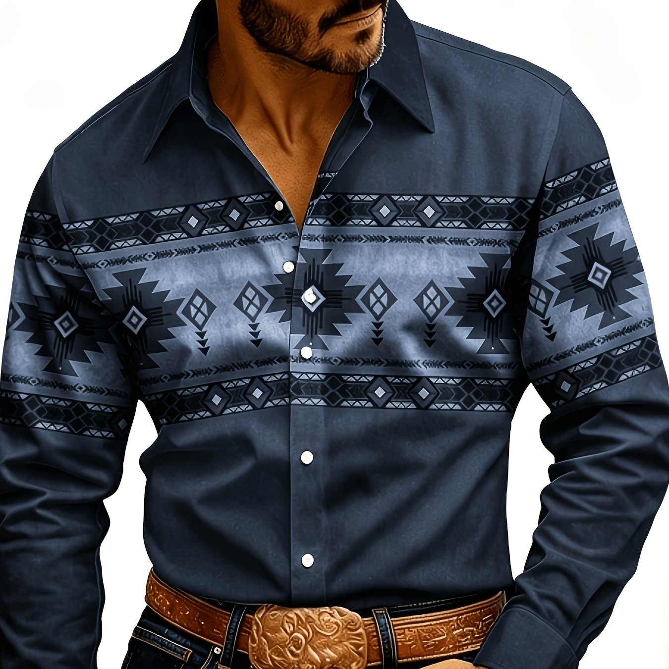 TEMU Men's Vintage Western Print Long Sleeve Shirt, Geometric Pattern Casual Turn- Collar Single-breasted Cardigan Shirt