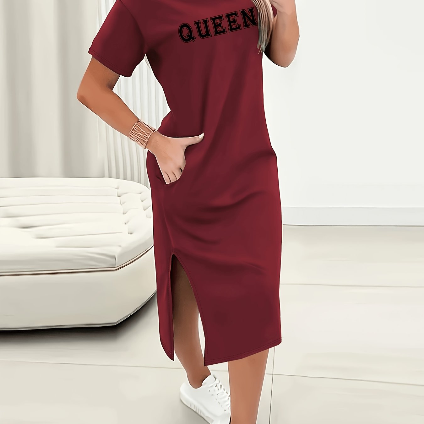 TEMU Women's Summer Casual Short Sleeve Midi Dress With -compatible Letter Print (suitable For Blouses) - Round Neck Slit Dress, Machine Washable