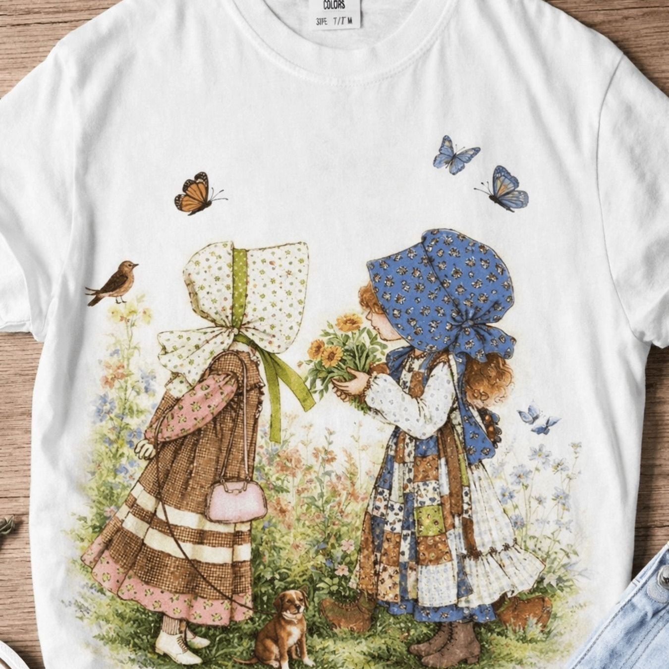 TEMU Plus Size - Vintage Women's Plus Size Crew Neck T-shirt, Whimsical Illustration Of 2 In With Dogs And Butterflies, Nostalgic Victorian Style