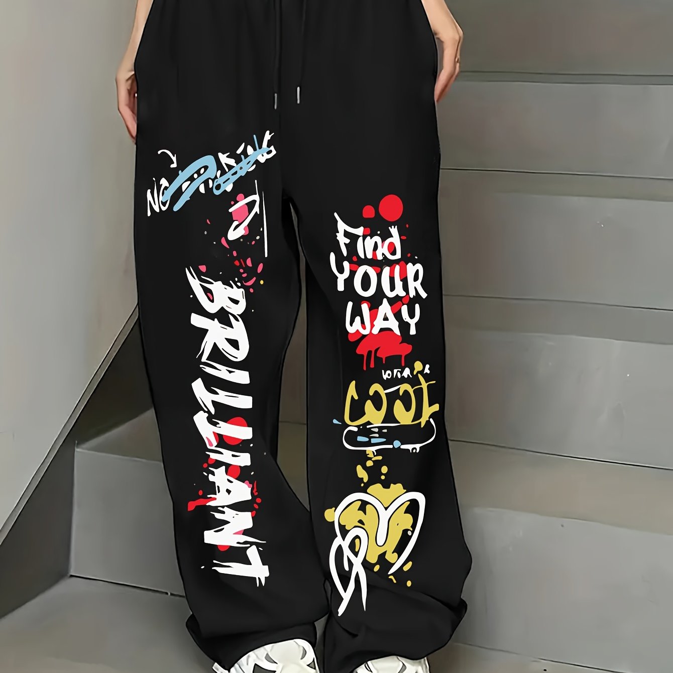 TEMU Street Graffiti Print Loose Straight-leg Pants, Women's Wide-leg Trousers