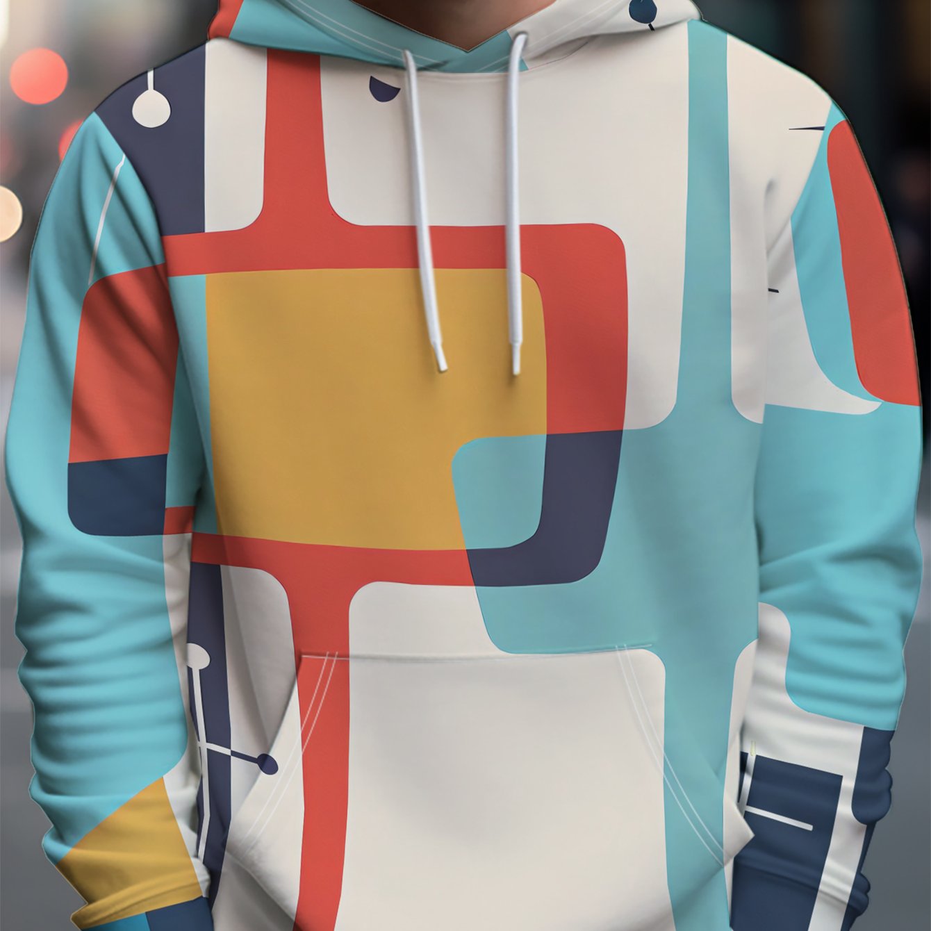 TEMU Men's Streetwear Brand Hooded Sweatshirt With Colorful Geometric Intersecting Patterns In A Modern Abstract Style - Full Of Streetwear Brand