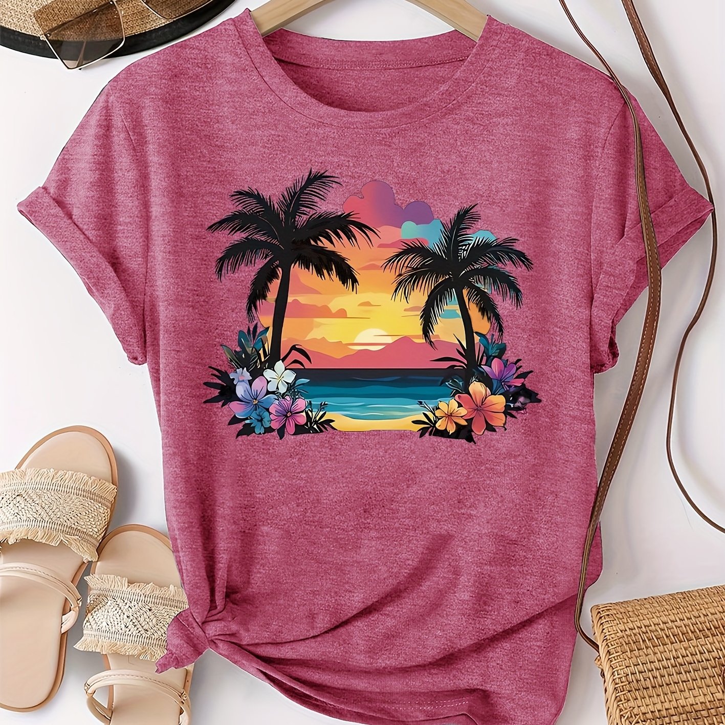 TEMU Women's Casual Short Sleeve T-shirt - Tree & Floral Print, Relaxed Fit Round Neck, Breathable Medium Stretch Fabric, Machine Washable, Versatile