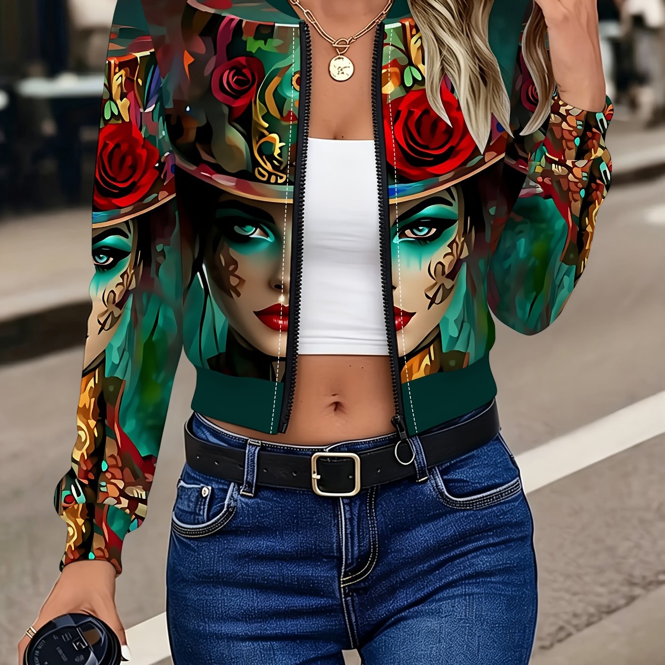 TEMU Women's Fashion Printed Cropped Baseball Jacket Casual Zip-up Cardigan -print Outerwear Casual Jacket Top