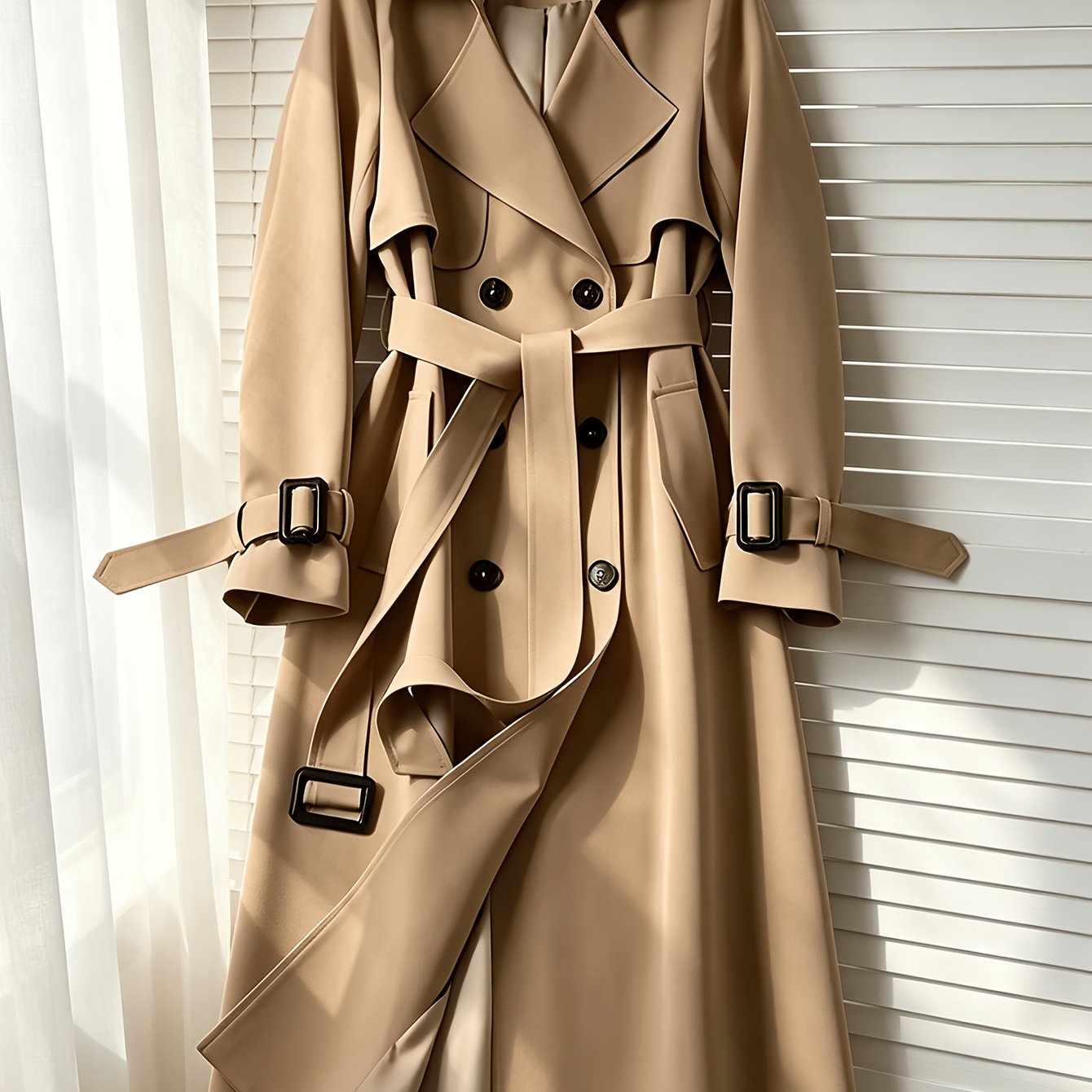 TEMU Women's 2026 Autumn Winter Warm Halloween Christmas Solid Color Double-breasted Long Sleeve Trench Coat