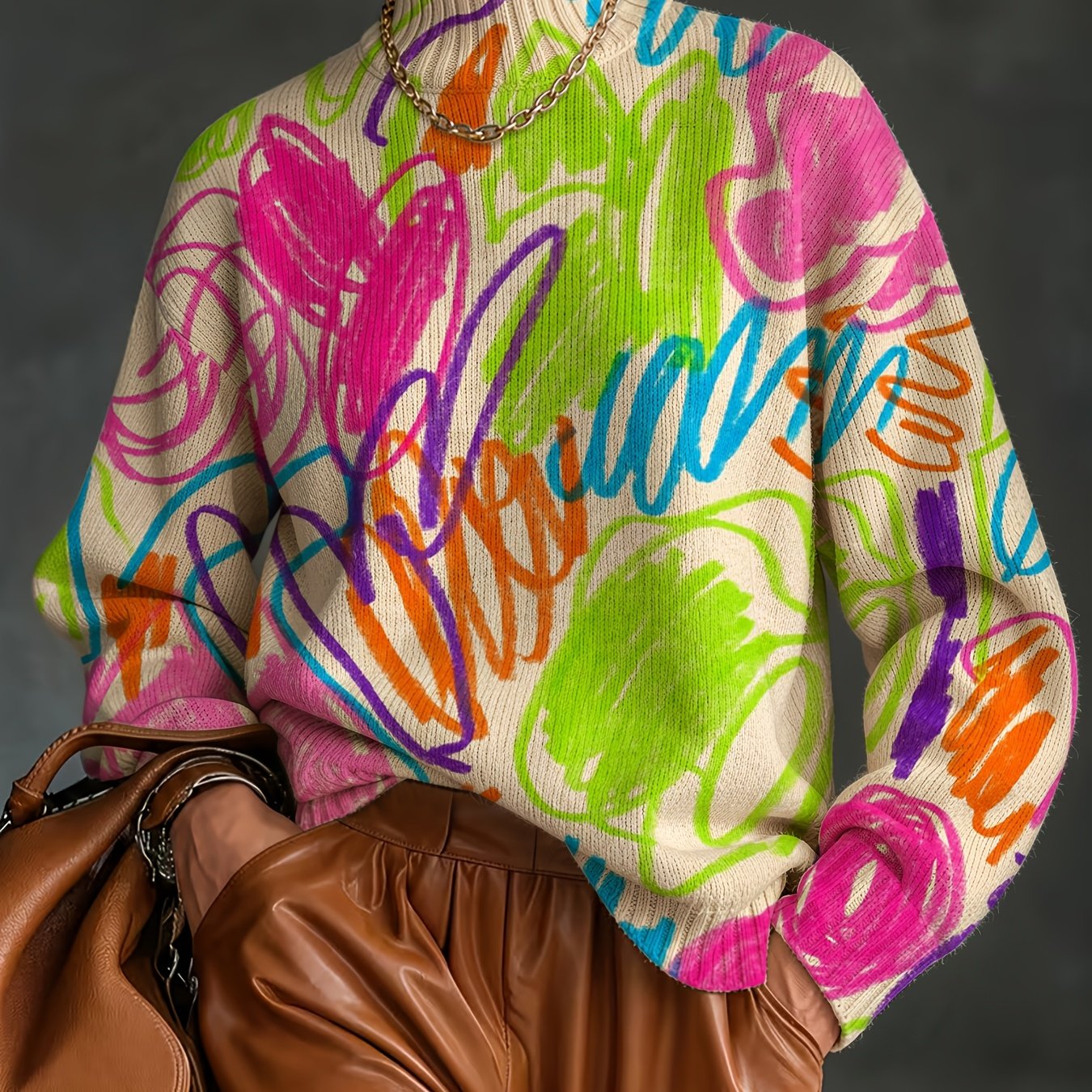 TEMU [2d Digital Printing] Autumn Winter Mid-high Neck Long Sleeve Sweater Bohemian, Fashionable All-match Pullover, Women's Top With Flat Pattern