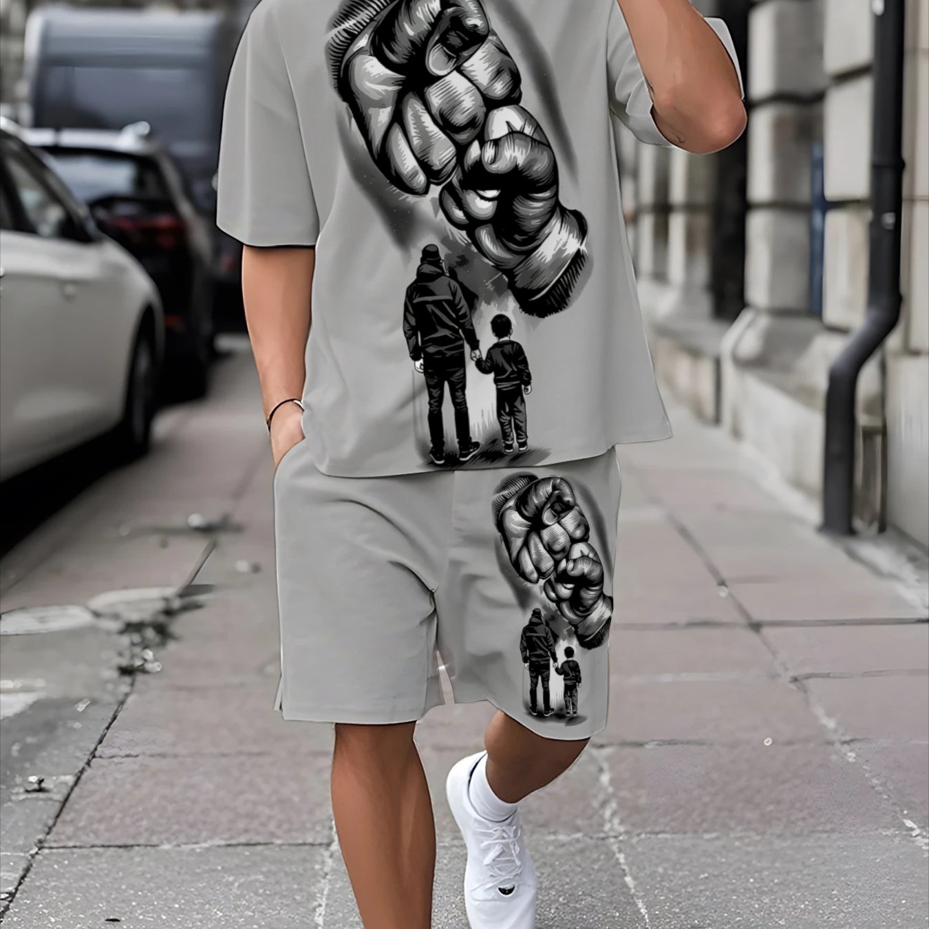 TEMU 2026 's Short Sleeve And Shorts Sportswear Set Fashionable Father-son Pattern Loose Plus Size Fitness Running 2pcs Suit Suitable For Leisure And