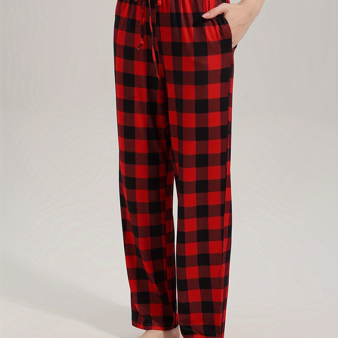1pc Women's Pants Red Checkered Long Trousers Comfortable Loose Home Pants With Pockets Convenient And Practical Drawstring Adjustable Waistband