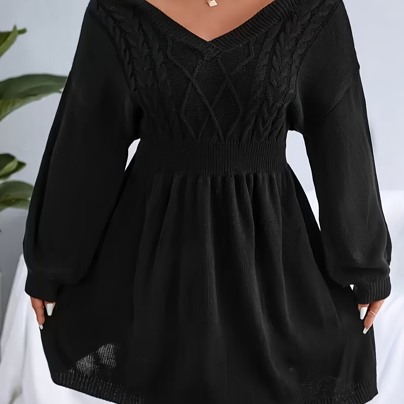 Plus Size Women' Color Lantern Sleeve Cinched Waist Short Casual Sweater Dress