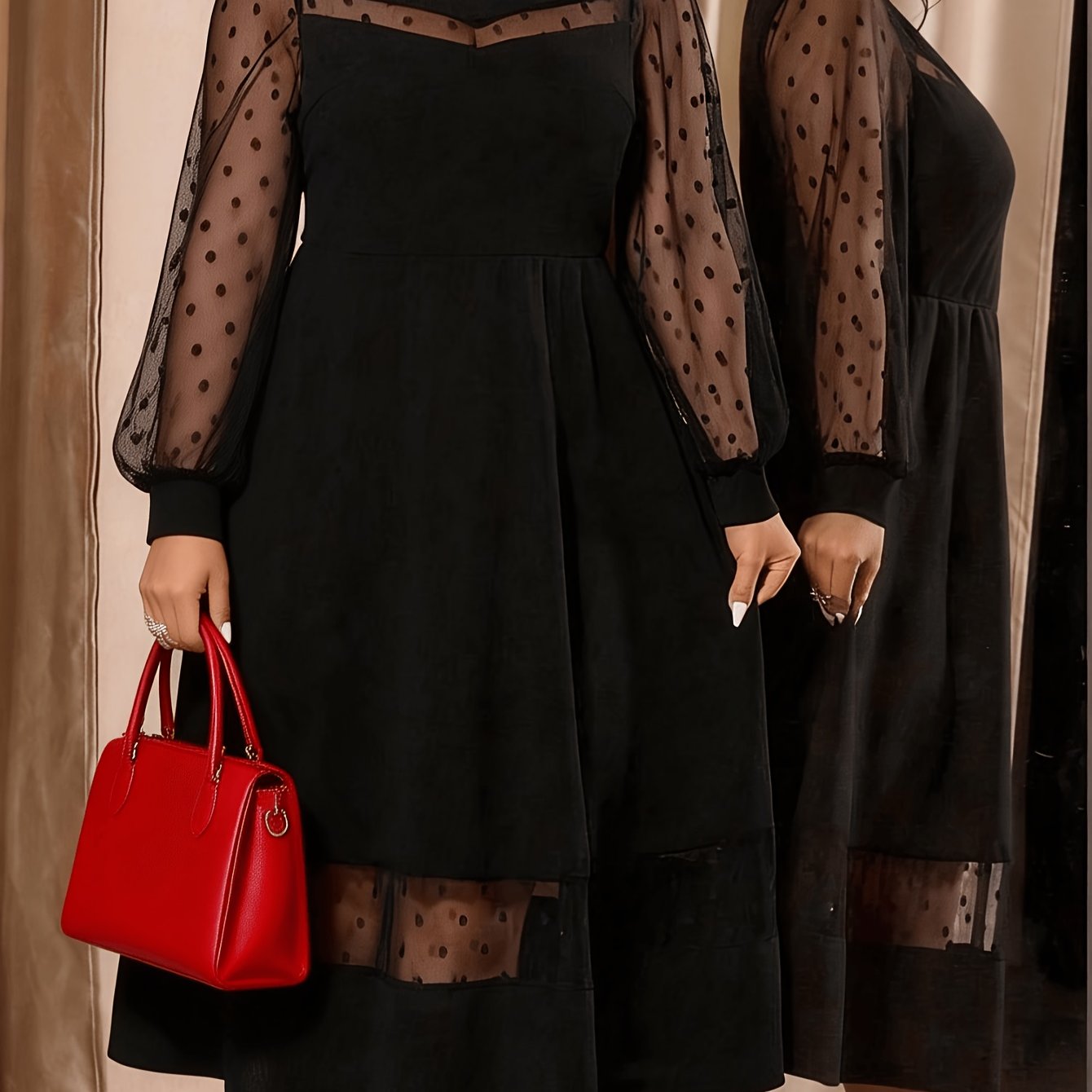 TEMU Plus Size Mesh Round Neck Sheer Elegant Long Sleeve Dress, Graduation Season, Wedding, Party Spring Summer Autumn Elegant Dress, Evening Gown