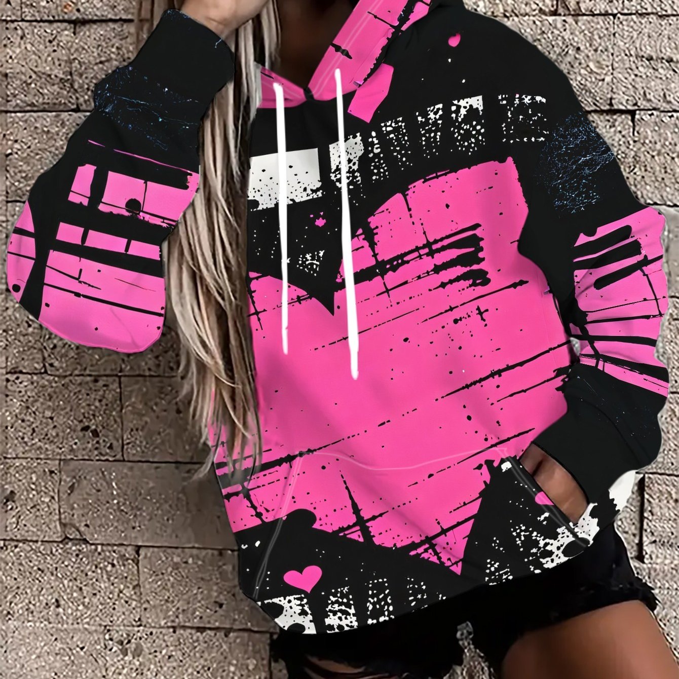 TEMU Women's Casual Hooded Sweatshirt With Pink Black Background Graffiti Style Decorative Print, Spring/autumn Long-sleeve Pullover, Breathable And