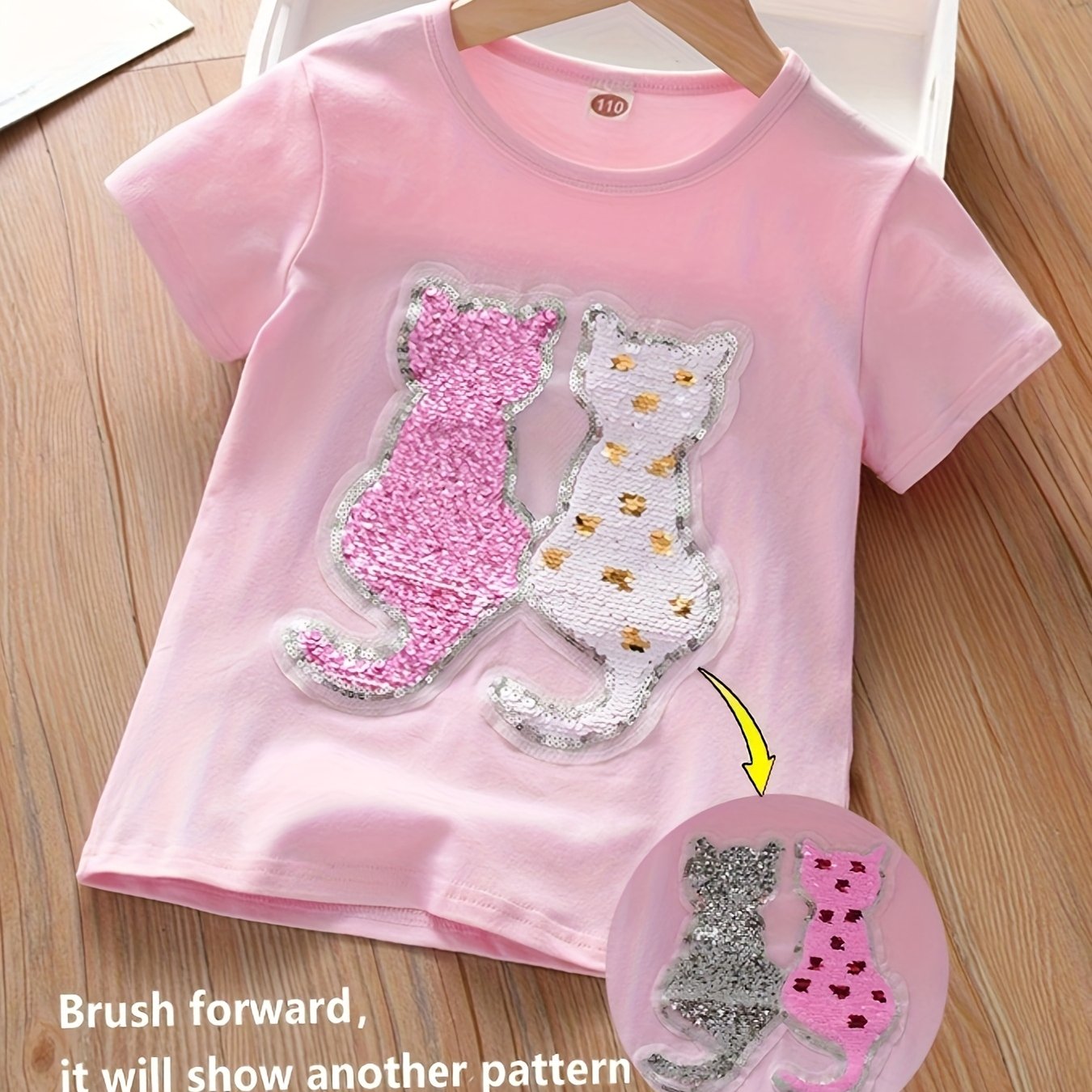 Girls' Short-sleeve T-shirt With Kitten Sequins And Color-changing Cat Pattern, 1pc Set, Regular Length Straight Base Layer Single-layer Round Neck Pullover Made Of Blend With Stretch Fabric