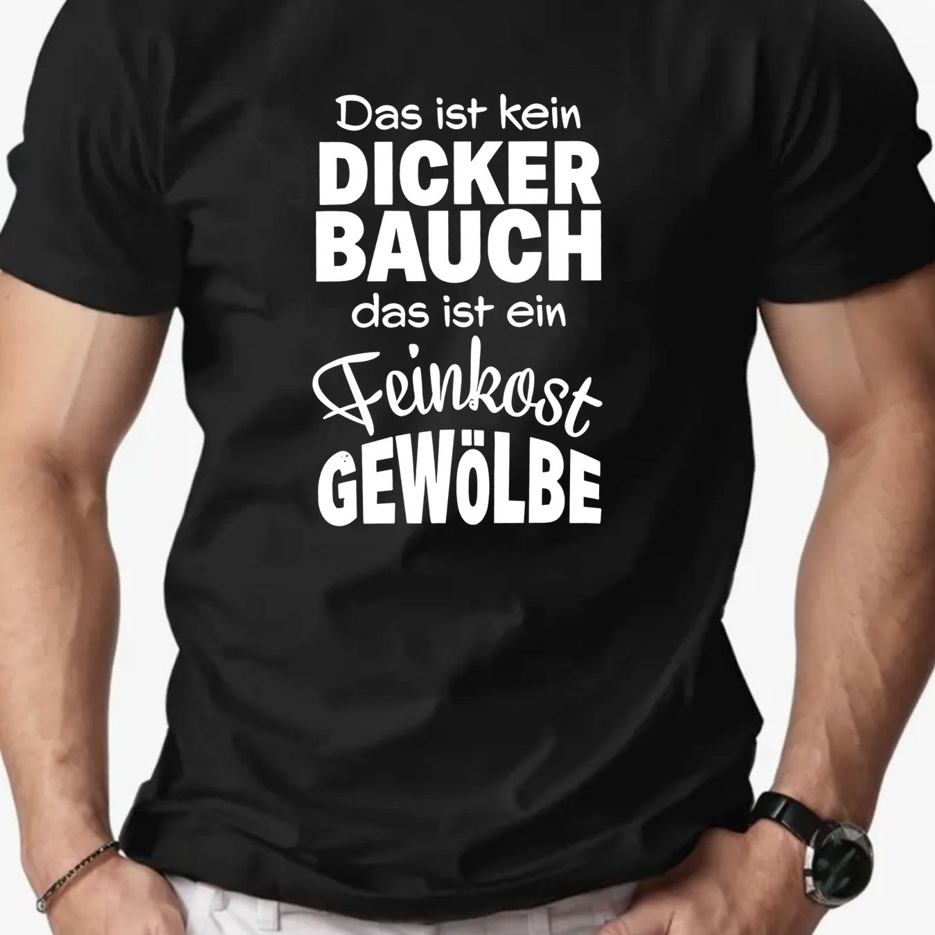 Image of Men's Navy Blue German Text Print T-shirt - White 'das Ist Kein Dicker Bauch' Funny Saying, Relaxed Fit Round Neck Short Sleeve Tee For Casual Casual Attire, & Humorous Gift Idea