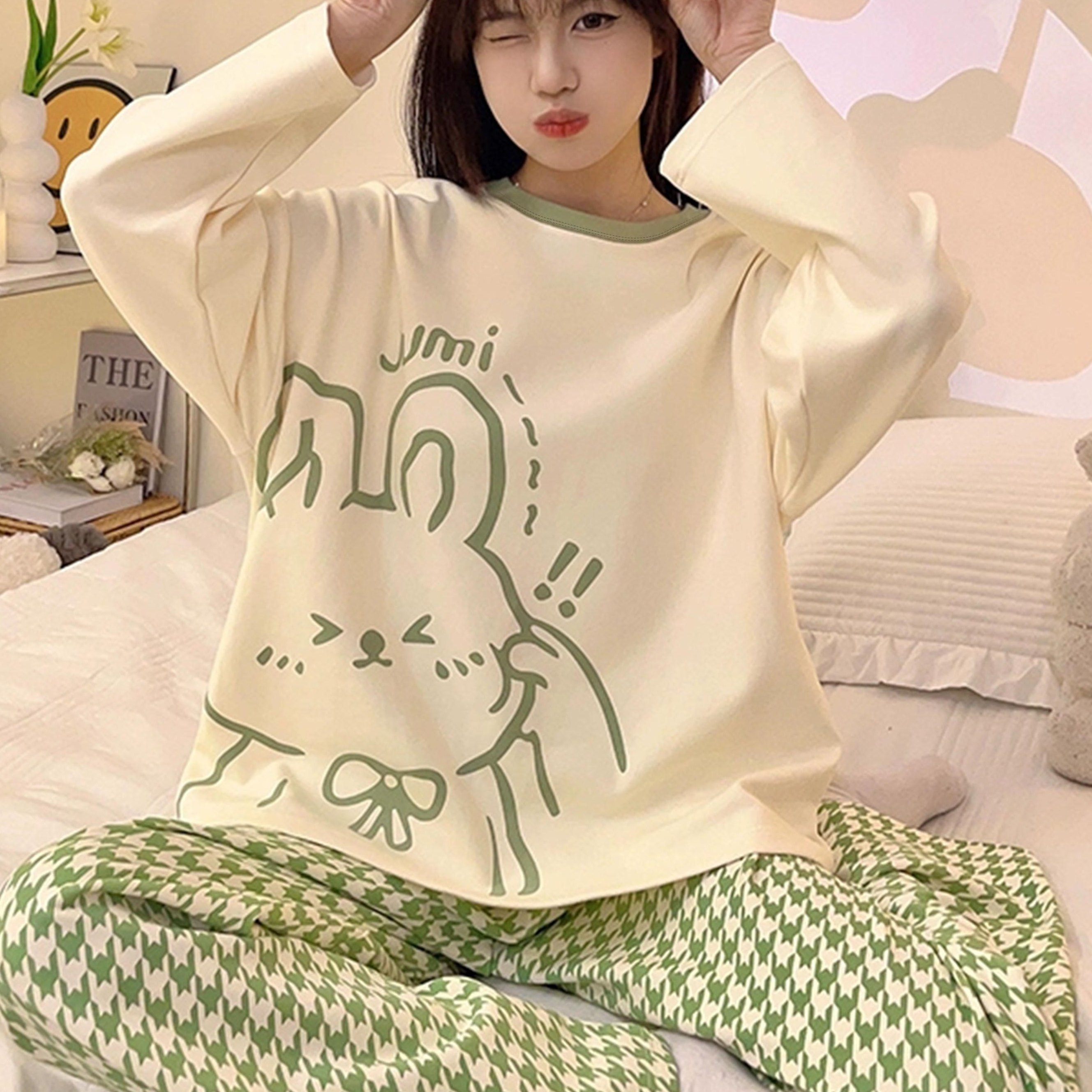 TEMU 1set Women's Rabbit Set - Neck Long And Long Pants, Polyester Knit , / For Adults