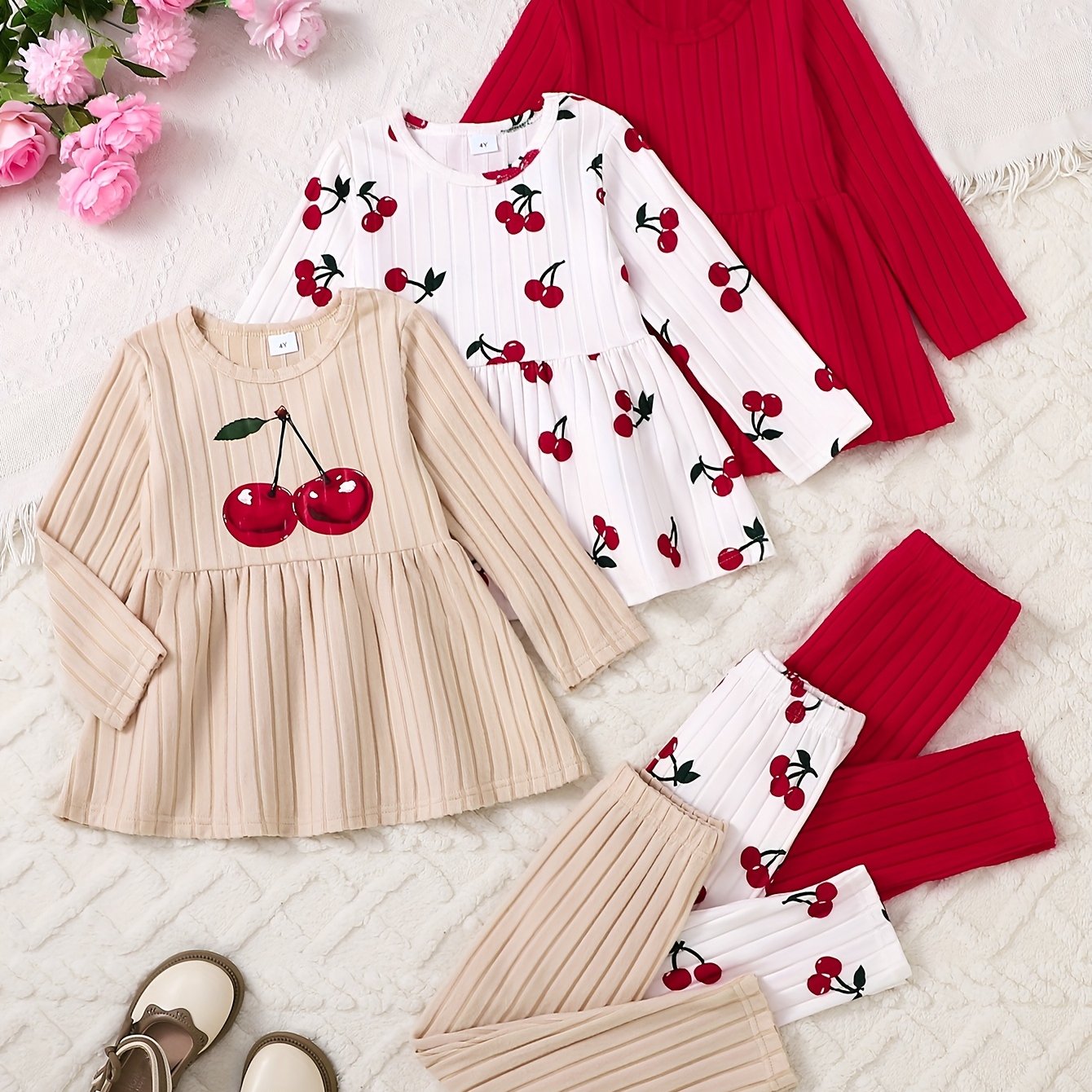 Image of 6pcs Young Girl Clothes Girls' Toddler Autumn/winter Cherry Cartoon Pattern Three-color Long Sleeve Top And Pants 6pcs Set, Perfect For Outdoor