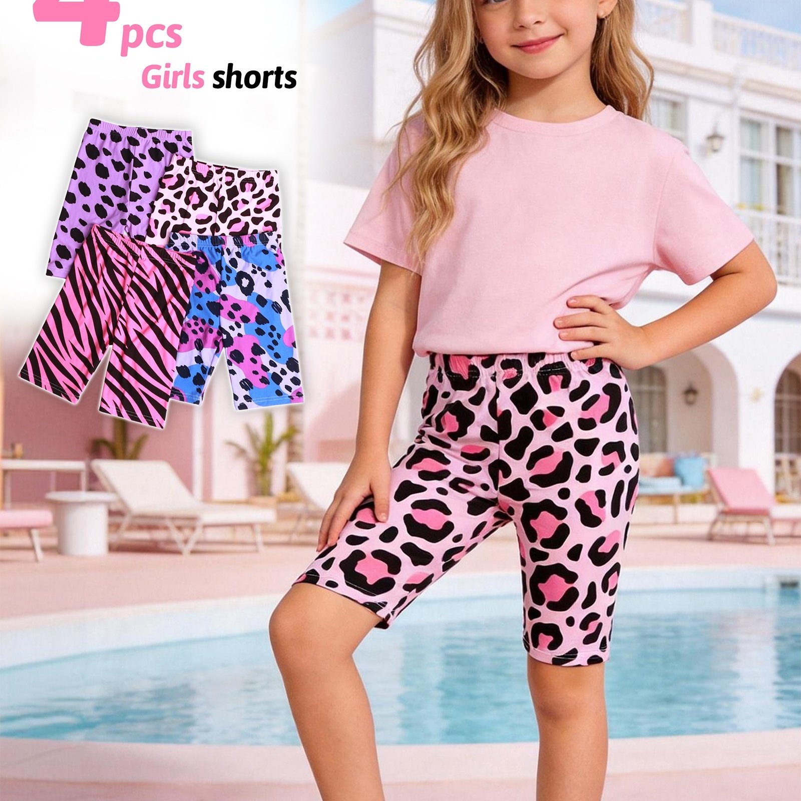4pcs Assorted Print Leopard Polka Dot Leggings Stretch Girls' Bermuda Shorts, For Outdoor
