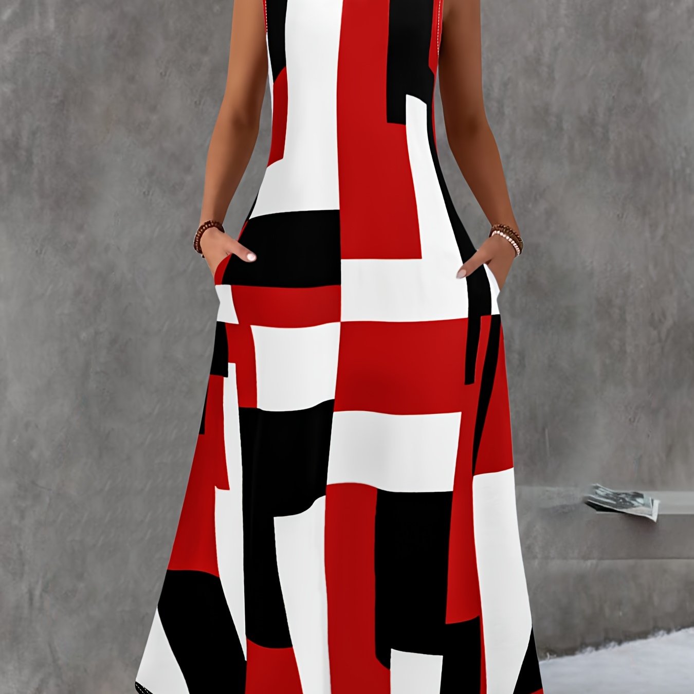 TEMU Women's Plus Size Sleeveless Maxi Dress With Pockets - Elegant, Stretchy, And Stylish Color Block Print For Summer, Casual To Formal Attire, Casual Attire | Stylish Sleeveless Dress | Polyester