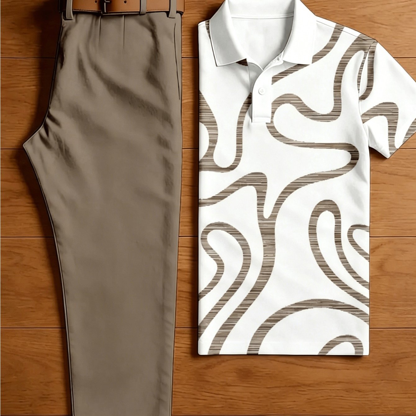 Men's 2pcs Casual Outfit Set, Abstract Print Short Sleeve Shirt And Solid Khaki Straight Leg Chino Pants, Summer Breathable Golf Daily Holiday Matching Suit