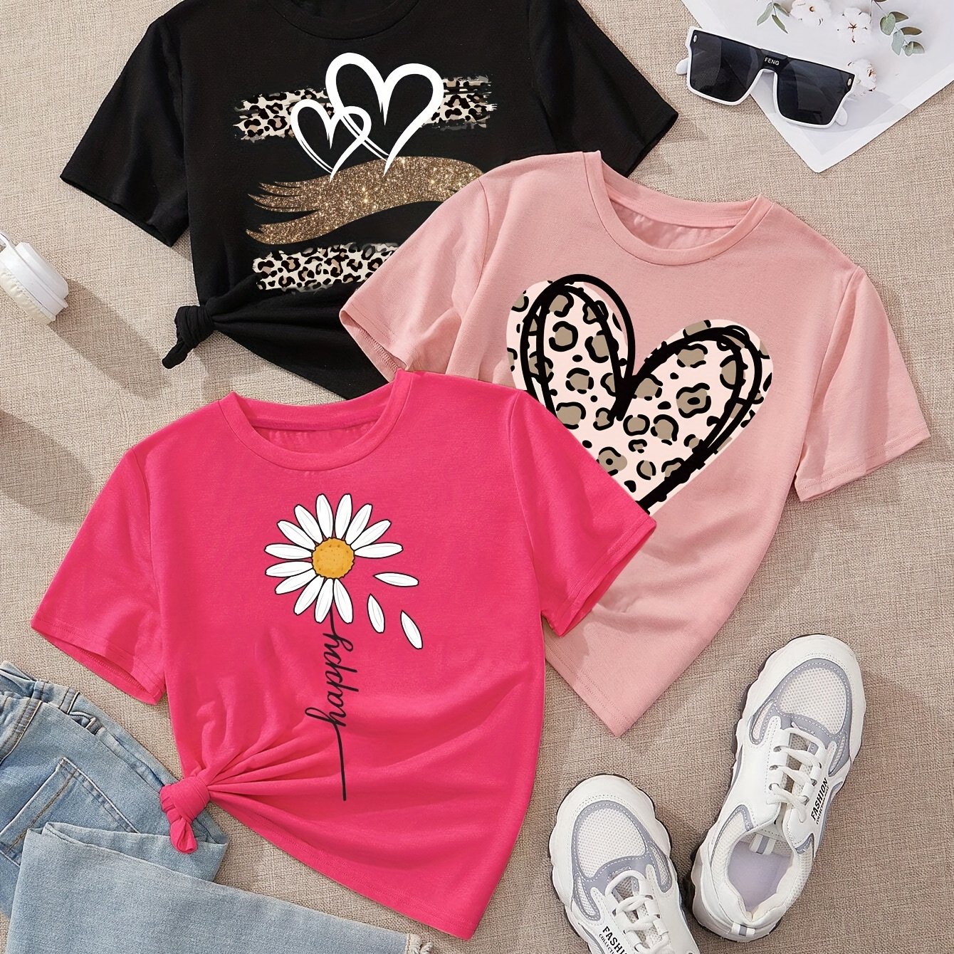 Image of 3pcs Girls' Summer Short-sleeve T-shirts, Fashionable Leopard Print And Heart Series, Simple And Versatile Casual Tops