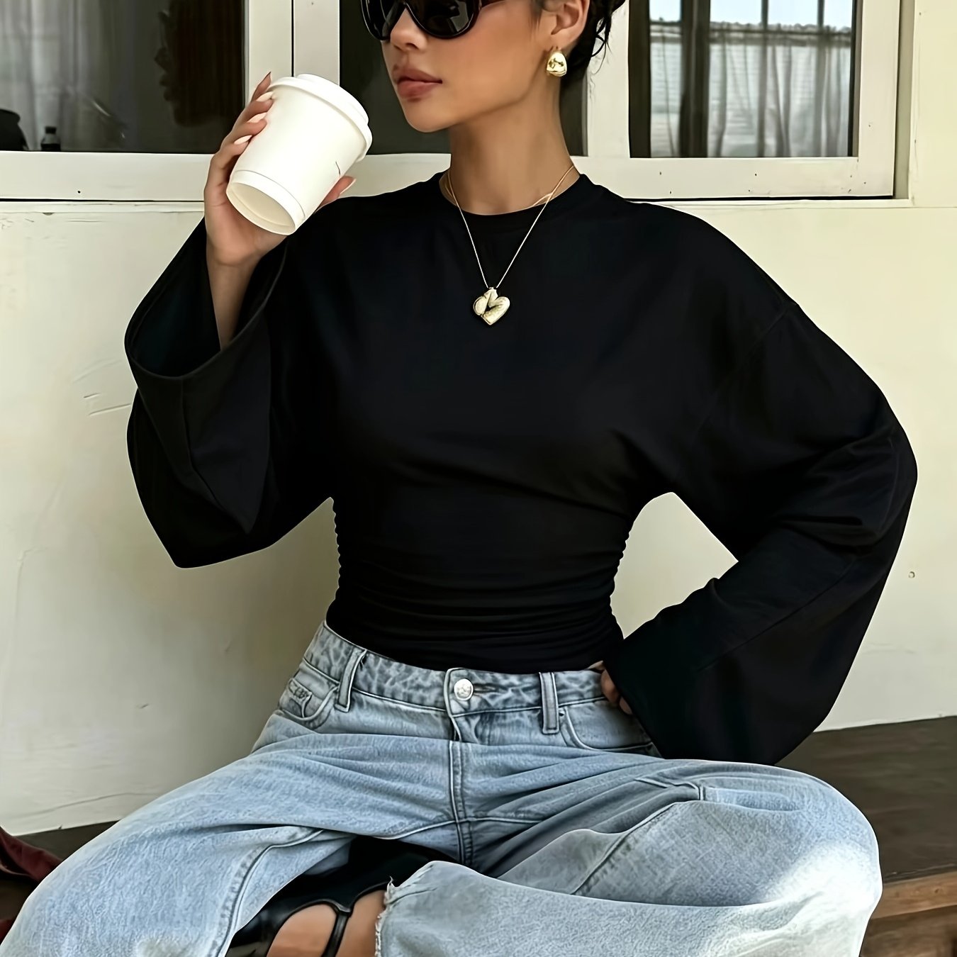 TEMU Cat Ear Elegant Directional Women's Spring Autumn Batwing Fitted Long Sleeve T-shirt, Elegant Casual Fashionable All-match, Suitable For And