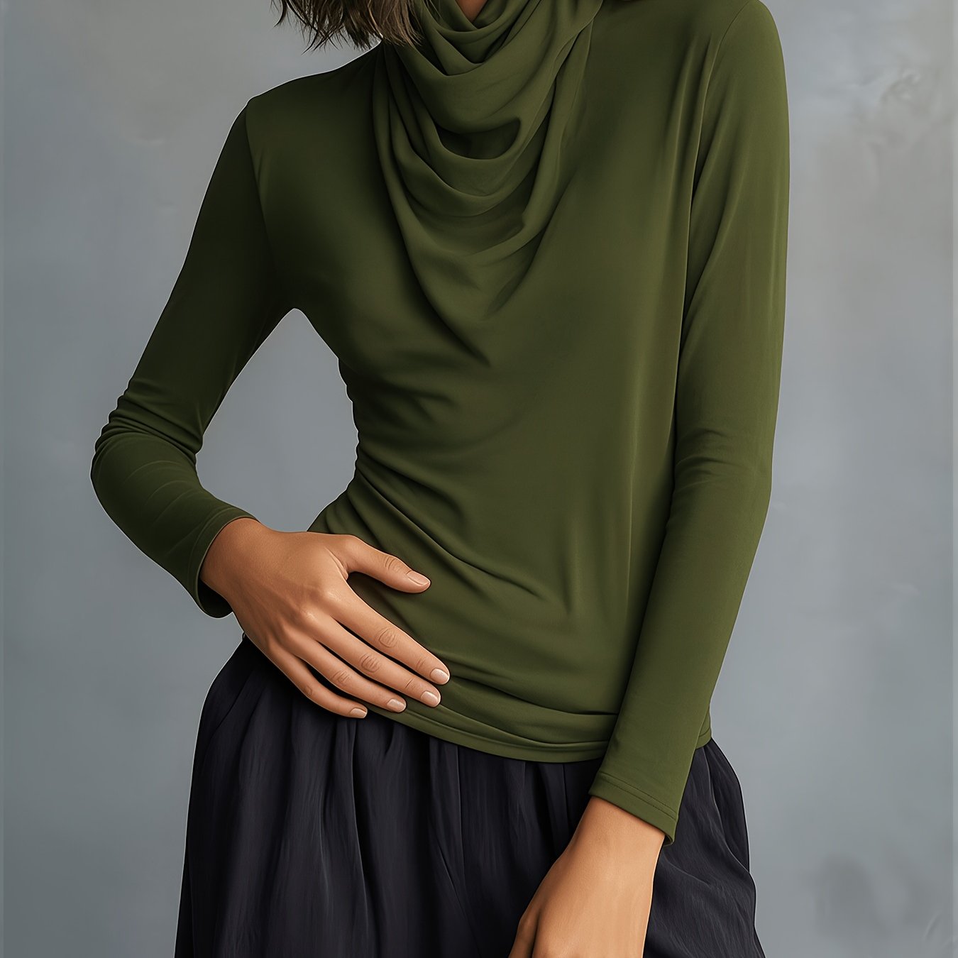 TEMU Elegant New Olive Green Peplum Neck Pullover Top For Women, Versatile, Comfortable, And Casual, Suitable For Spring/summer/autumn/, Stretchy And