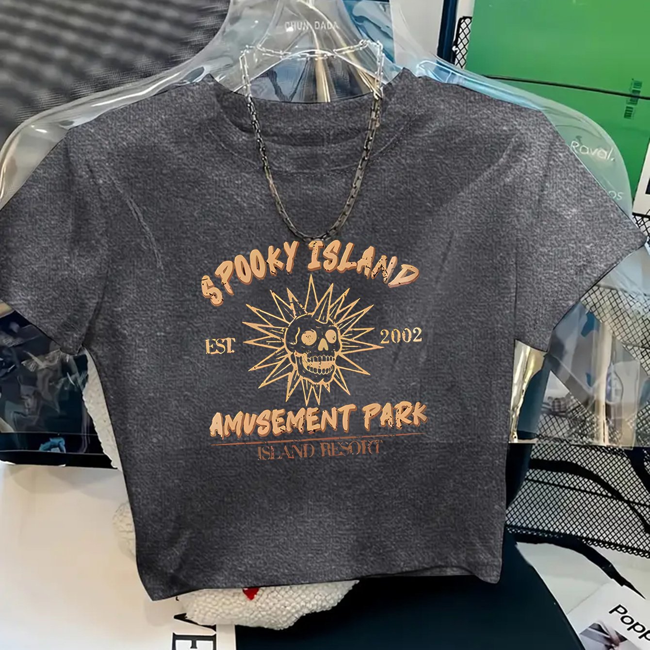 TEMU 1pc Women's Y2k Style Island Skull Head Amusement Park Resort Printed Short Sleeve Short T-shirt, Retro Nostalgic Slim Layer Top Trendy