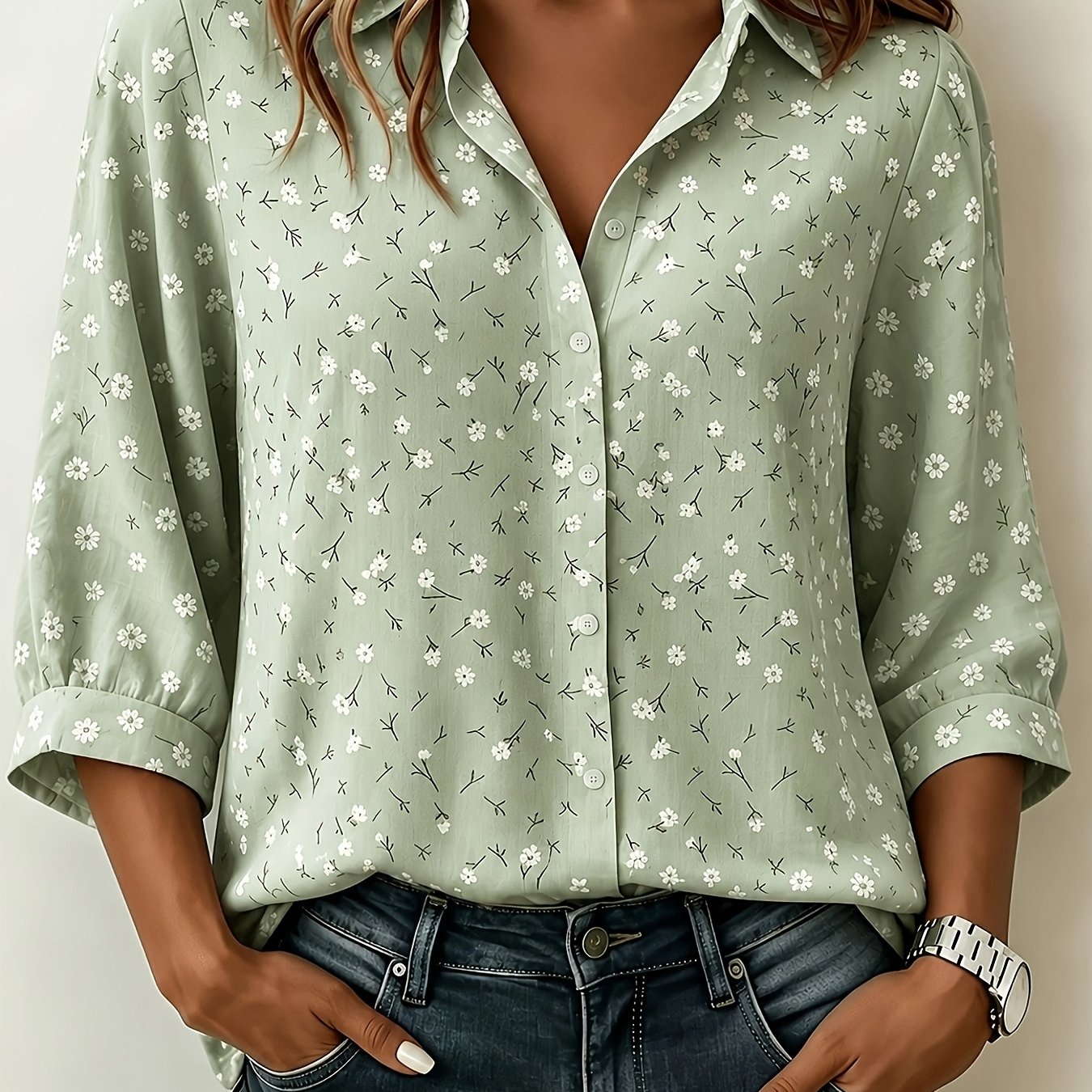TEMU Spring/autumn Small Floral Print Elegant Vacation Women's Shirt With Mid-length Sleeves