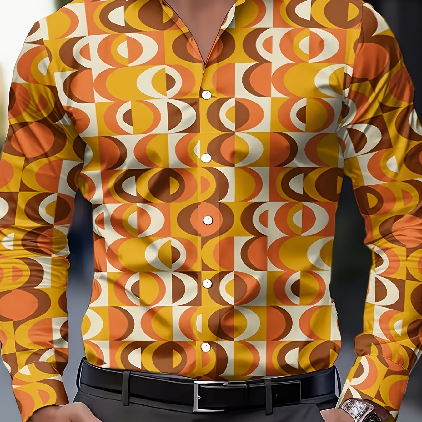 TEMU Men's 70s Disco Party Shirt - Vintage Collar Button-front Buttoning Long Sleeve Shirt With 70s Disco Theme Geometric Circle Print (lamba/hippie