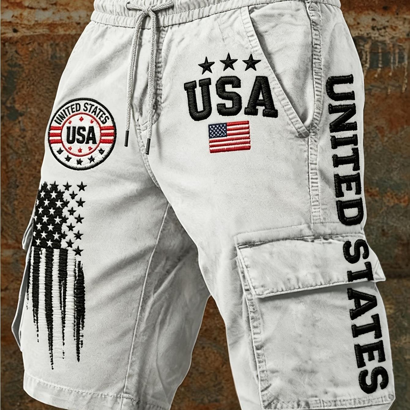 Image of Men' Gray American Patriotic Flag Print Cargo Shorts- Multi-pocket Shorts, Suitable For Outdoor Commuting, Camping, Street Style, With Drawstring Waistband And Machine Washable Casual Pants