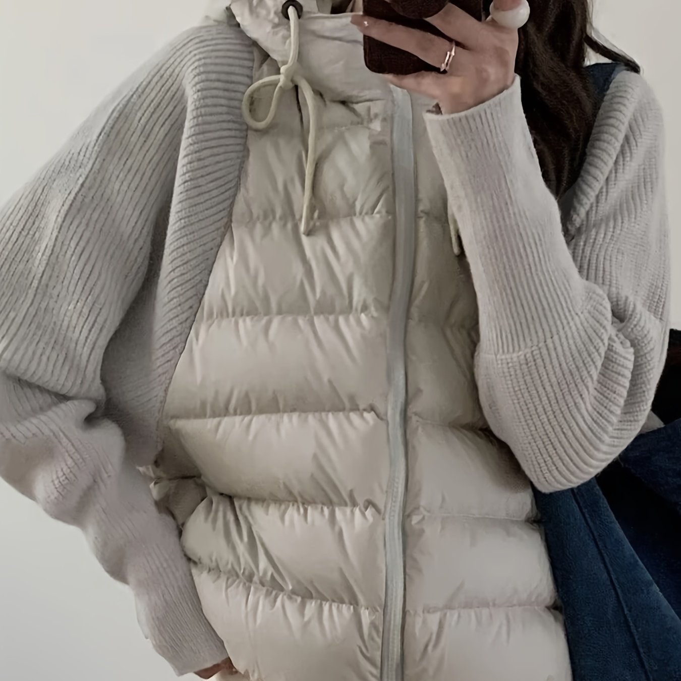 TEMU Korean-style Casual Women's 2-in-1 Look Hooded Jacket, Long-sleeve Quilted - Short Top With Drawstring Hood, Loose-fit Warm Padded