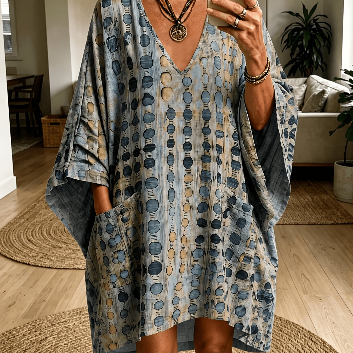 TEMU Plus Size, Bohemian Women's Vintage Ethnic Three-quarter Sleeve V-neck Batwing Dress