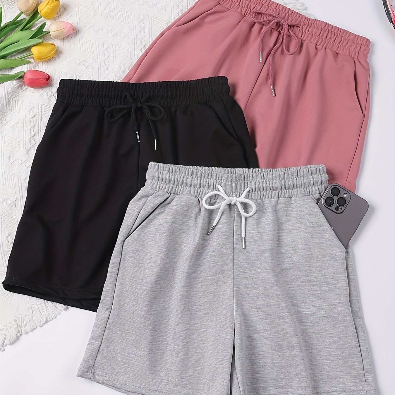 3pcs 3-color Dual Pocket Drawstring Shorts, Casual Solid Color Loose Fit Shorts, Suitable For Spring And Summer, Women's Clothing