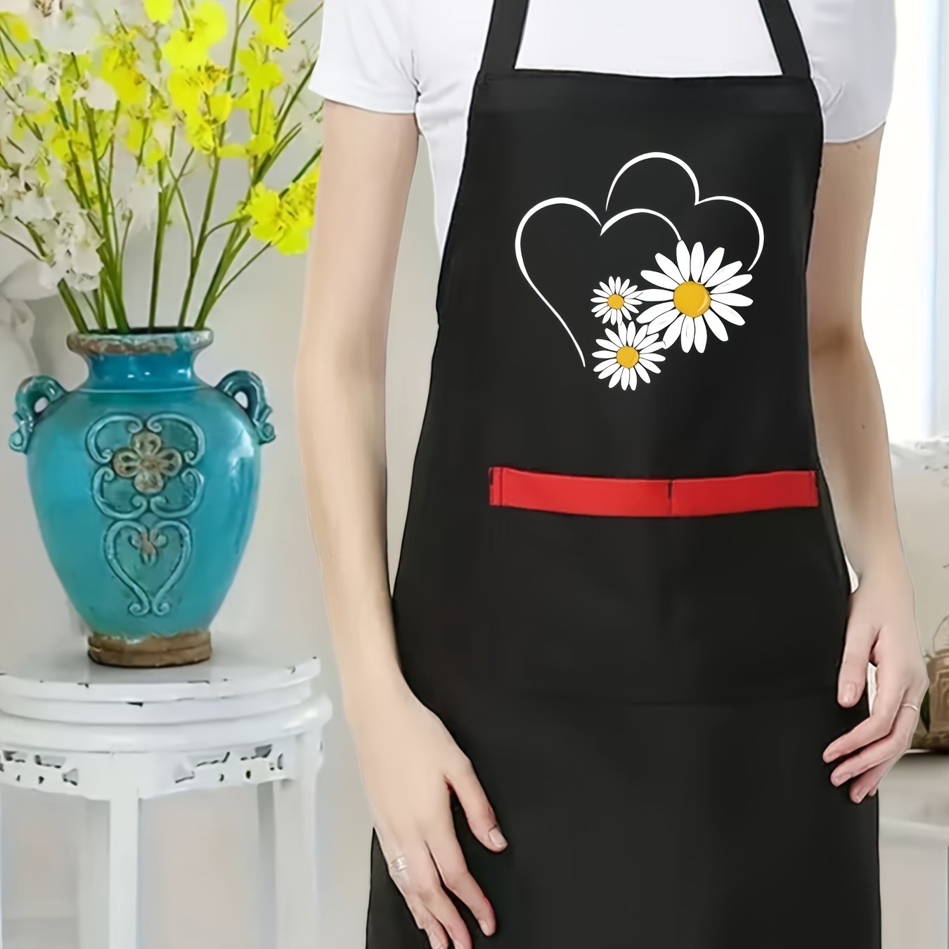 TEMU Women's Adjustable Apron Compatible For Teaching, Nursing, Crafting - Color-block Pocket & Flower/heart/geometric Print, Machine Washable Work