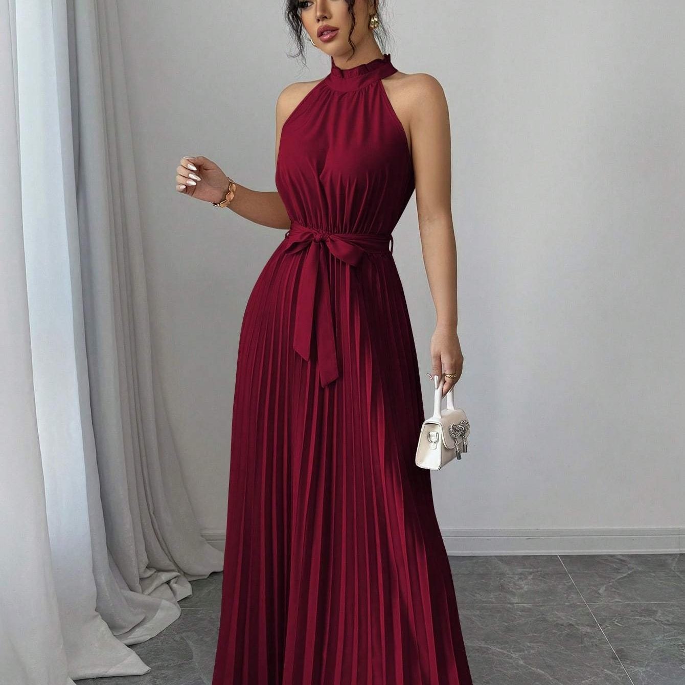 E-shop YY0328347, Damen Romantisches Elegantes A-Linien Kleid, Ärmelloses Plissiertes Taillenbetonendes Langkleid