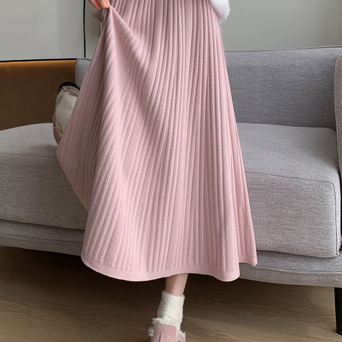 Jupe plissée en tricot rose élégant pour femmes - Taille haute, coupe A, longue, mode automne-hiver, texture douce, compagnon de chaussures élégant, jupe automne-hiver | Jupe plissée Aline | Tissu tricoté
