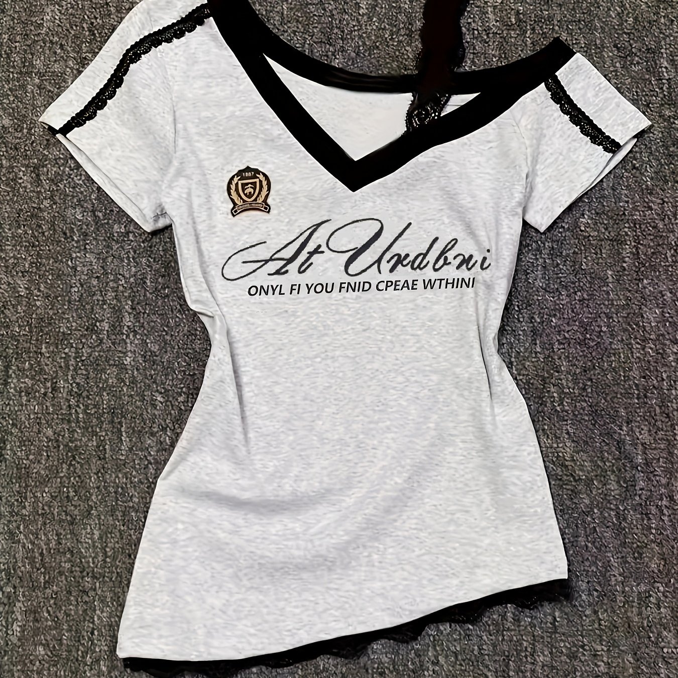 Image of Design Sense Niche Lace Suspender V-neck Short-sleeved T-shirt Women's Summer Spicy Letter Print Small Top