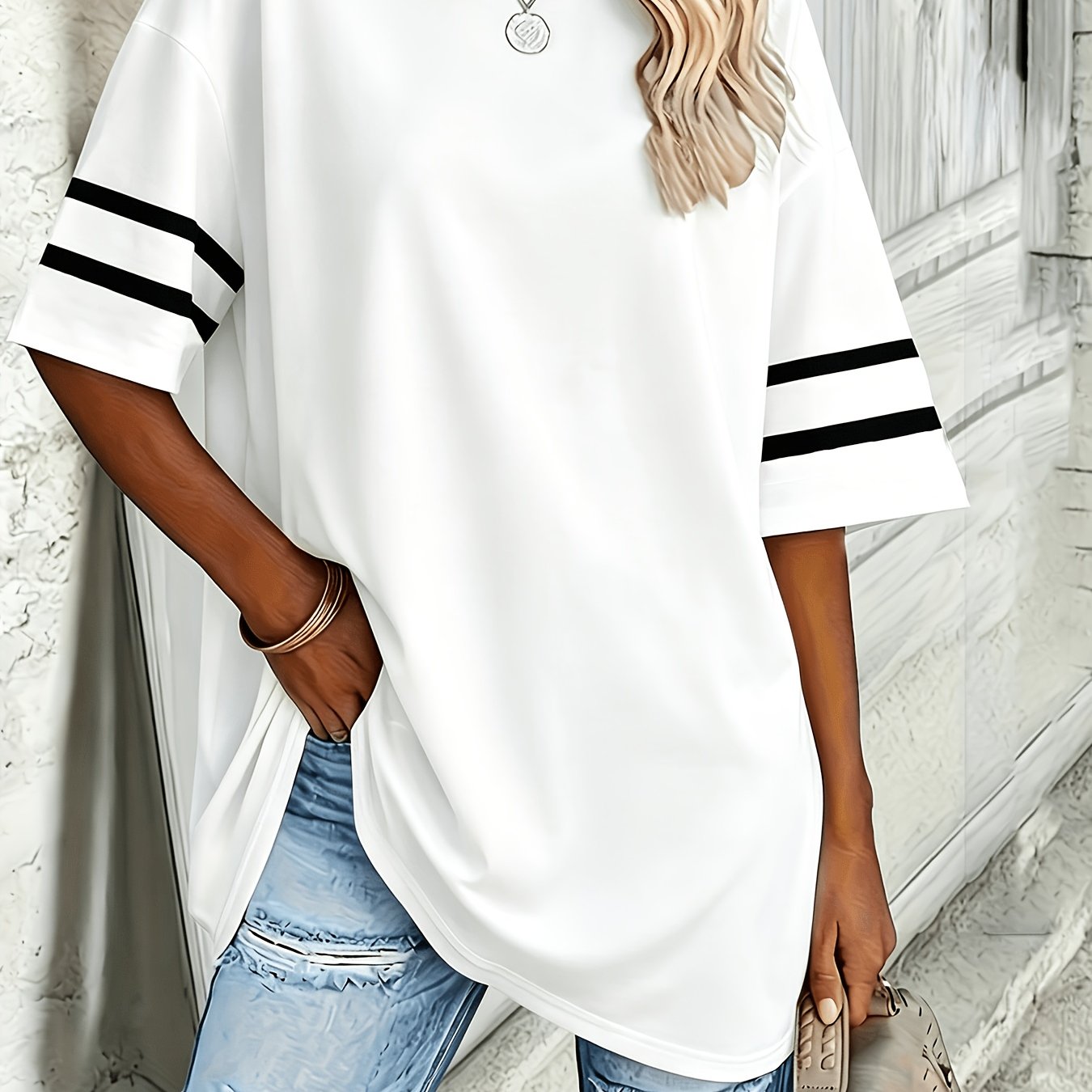 TEMU Plus Size Striped Cuff Short Sleeve, Solid Color Spring Summer Size Short Sleeve, Mid-length Design, Black And White Available, Suitable For