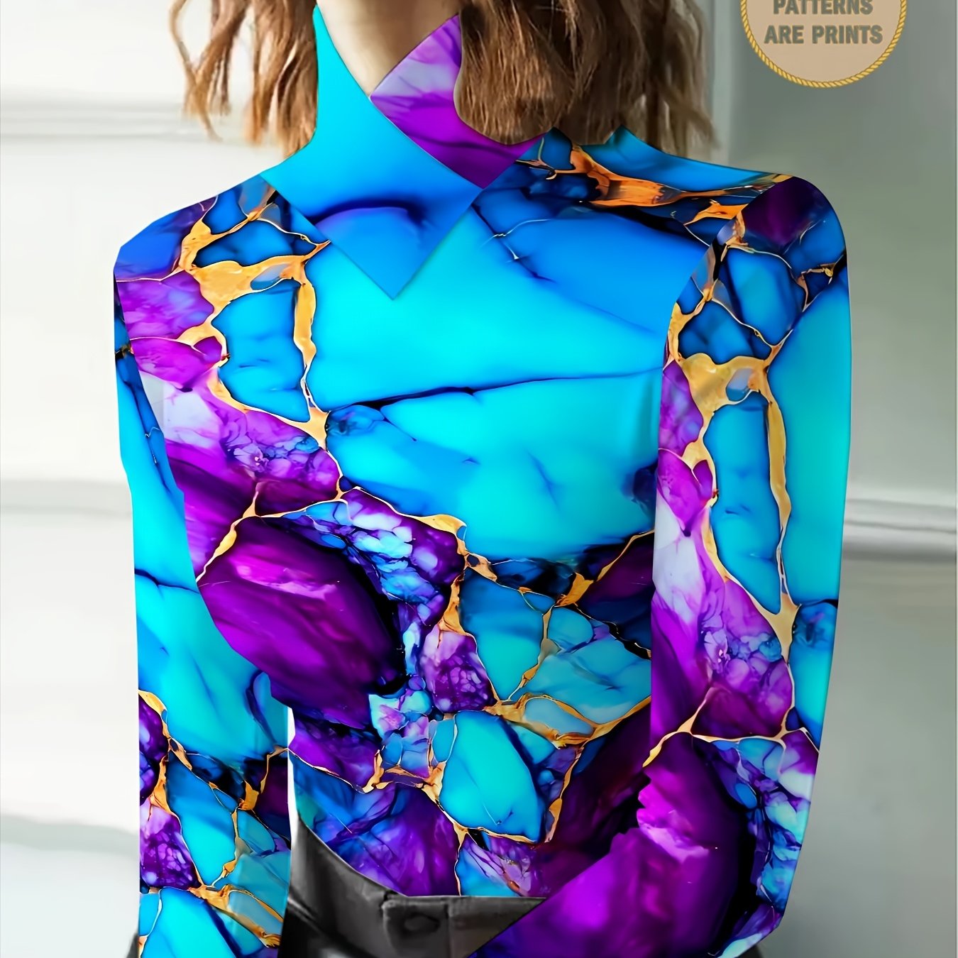 TEMU Gilded Marble Print Women's Cross-neck Top, Contrasting Color Artistic Print Long-sleeve T-shirt, High-stretch Body-hugging Fit, Comfortable And