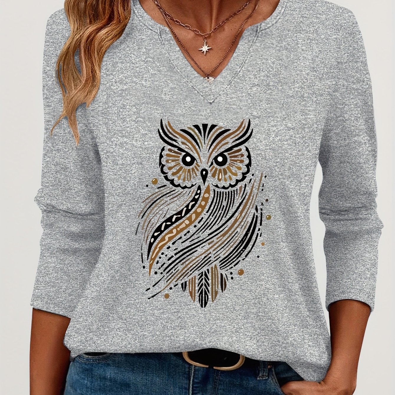 TEMU A V-neck, Three-quarter Sleeve T-shirt Featuring A Minimalist In Black And Golden Lines. Comfortable, Breathable, And Perfect For Casual Wear,