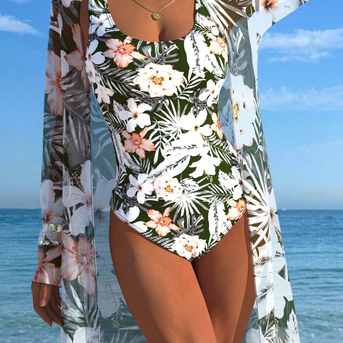 Image of New Women's Floral-print 2pcs Swimwear Set With Thick Shoulder Straps And A Kimono--up, Perfect For Summer Beach Vacation And Casual Wear