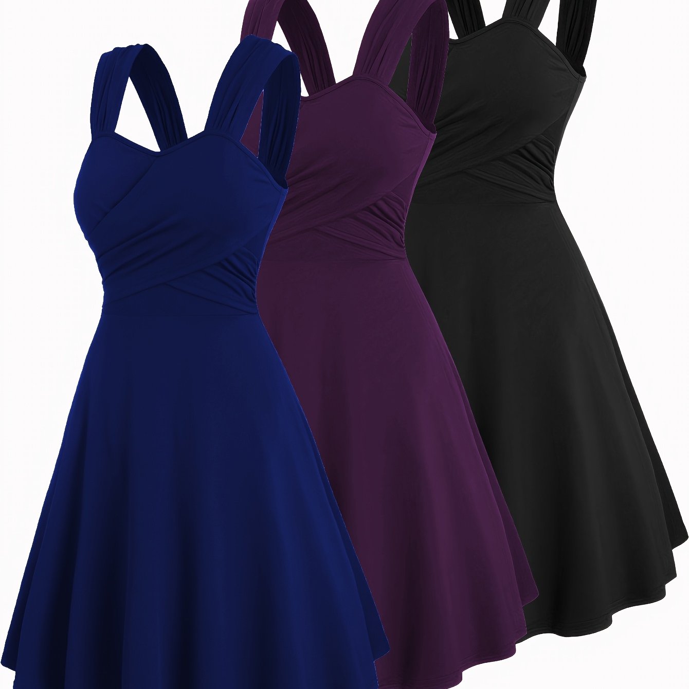 Image of 3pcs Set Women' Color Ruched Cross-shoulder Strap Design Casual Knee-length Cute A-line Dress, Suitable For Spring Summer Autumn Winter Wear