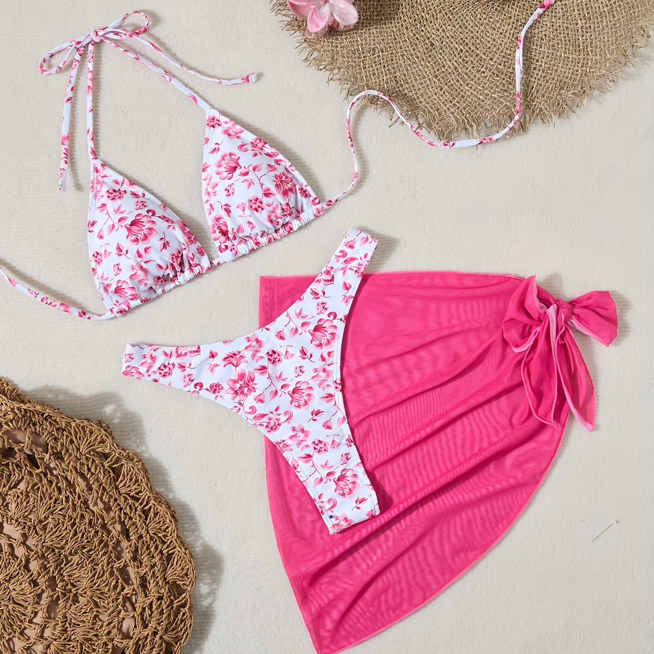 Floral Print Bikini Mesh 3pcs Set