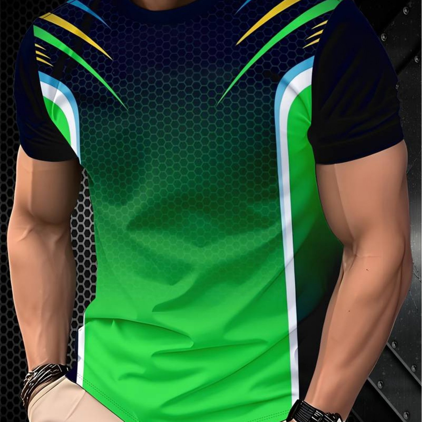 TEMU Fluorescent Green Gradient Sports Short-sleeve T-shirt With Honeycomb Pattern Color- Round Neck, Fitted Stretchy Men's Half-sleeve Top